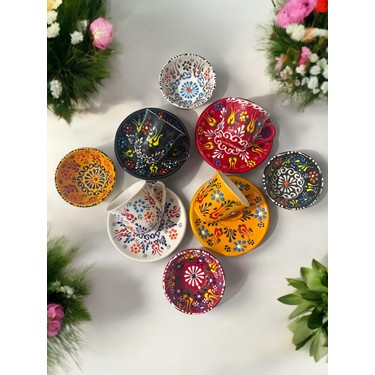 Handmade Decorative Tulip Design Coffee Cup Set – 4 Persons with 10 cm Saucers+4-Piece Ceramic Bowl Set