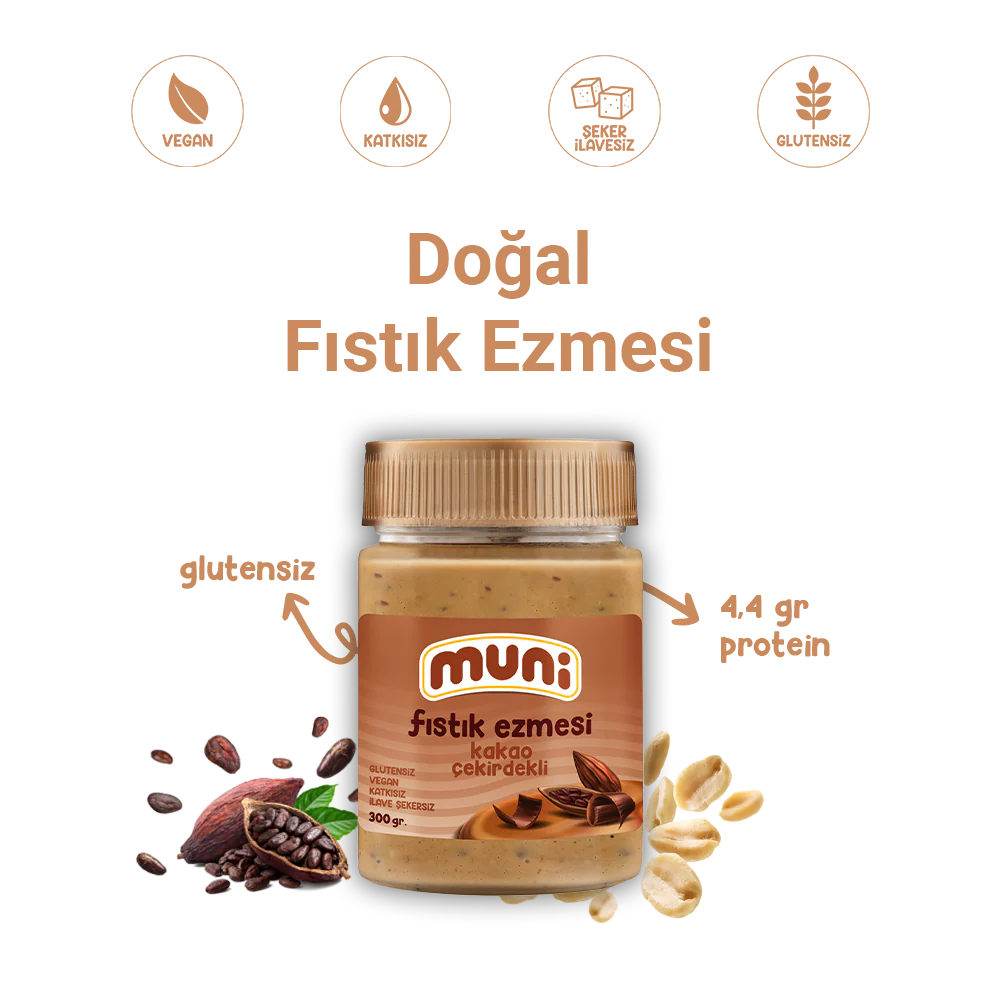 muni زبدة فول سوداني مع حبوب الكاكاو – عضوية وخالية من الإضافات 300 جم