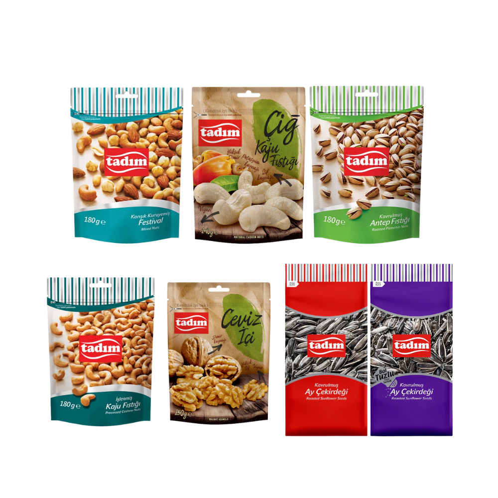 Tadim Turkish Nuts & Seeds Snack Basket Bundle (7-Pack) – Pistachios, Cashews, Mixed Nuts, Walnut Kernels & Roasted Sunflower Seeds Assortment