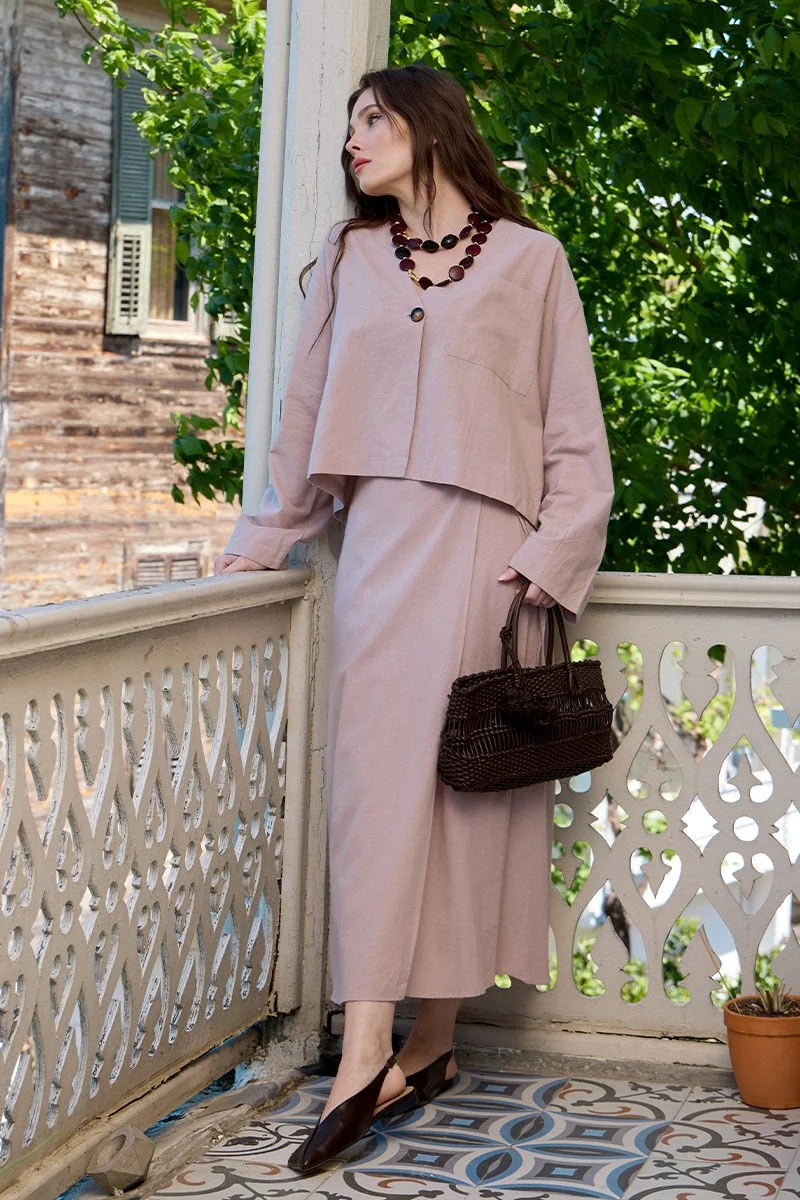Linen Single-Pocket Jacket & Wrap Skirt Set