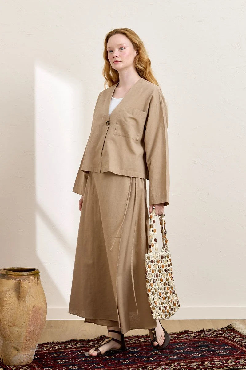 Linen Single-Pocket Jacket & Wrap Skirt Set