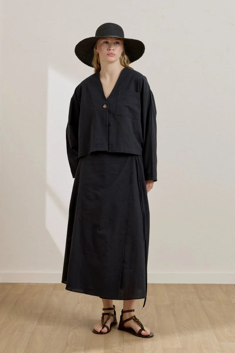 Linen Single-Pocket Jacket & Wrap Skirt Set