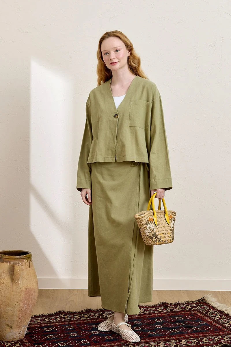 Linen Single-Pocket Jacket & Wrap Skirt Set