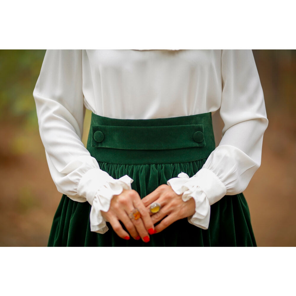green velvet skirt & silk shirt