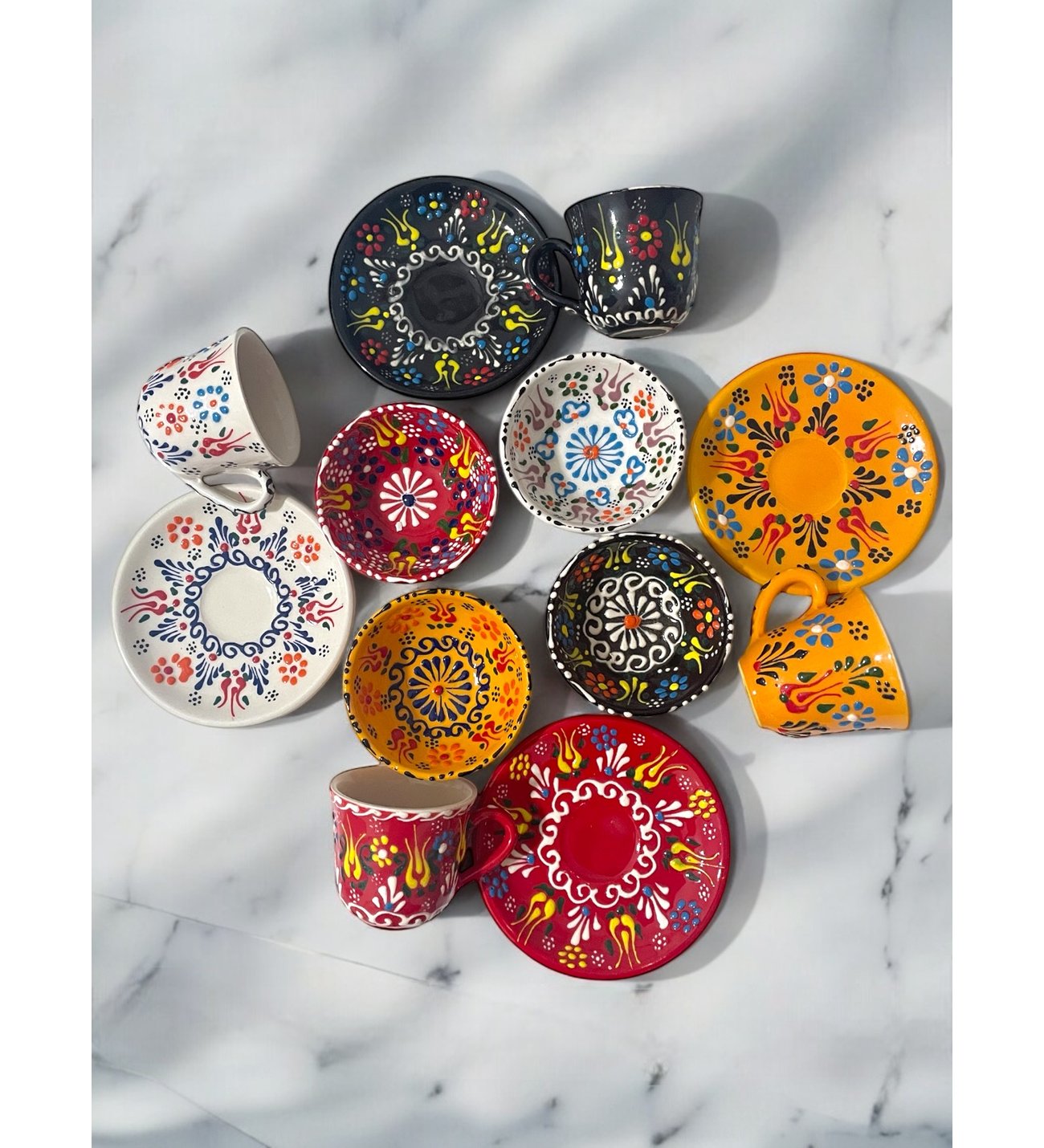 Handmade Decorative Tulip Design Coffee Cup Set – 4 Persons with 10 cm Saucers+4-Piece Ceramic Bowl Set