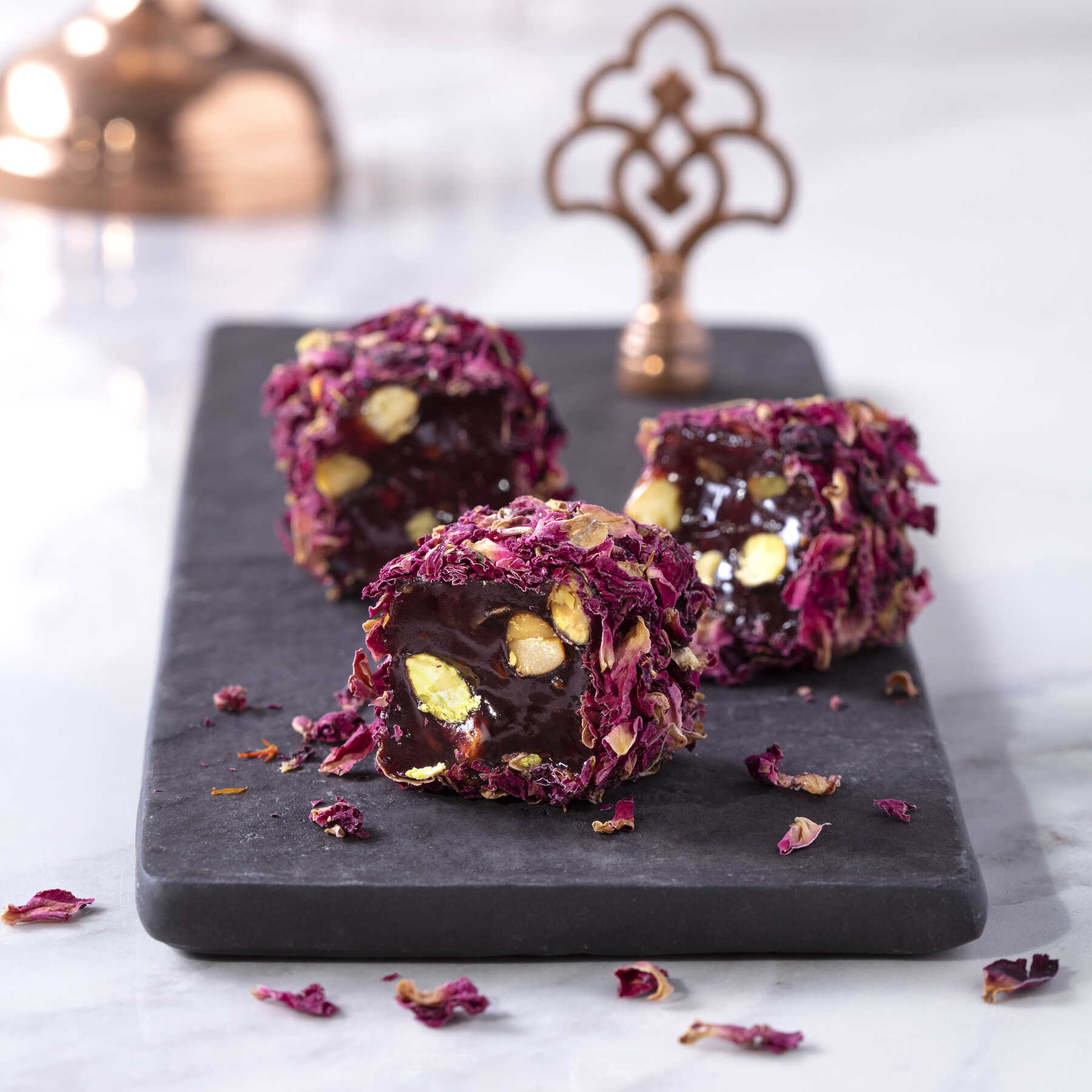 Pomegrenate flavored pistachio Rose Petals Covered Turkish Delight