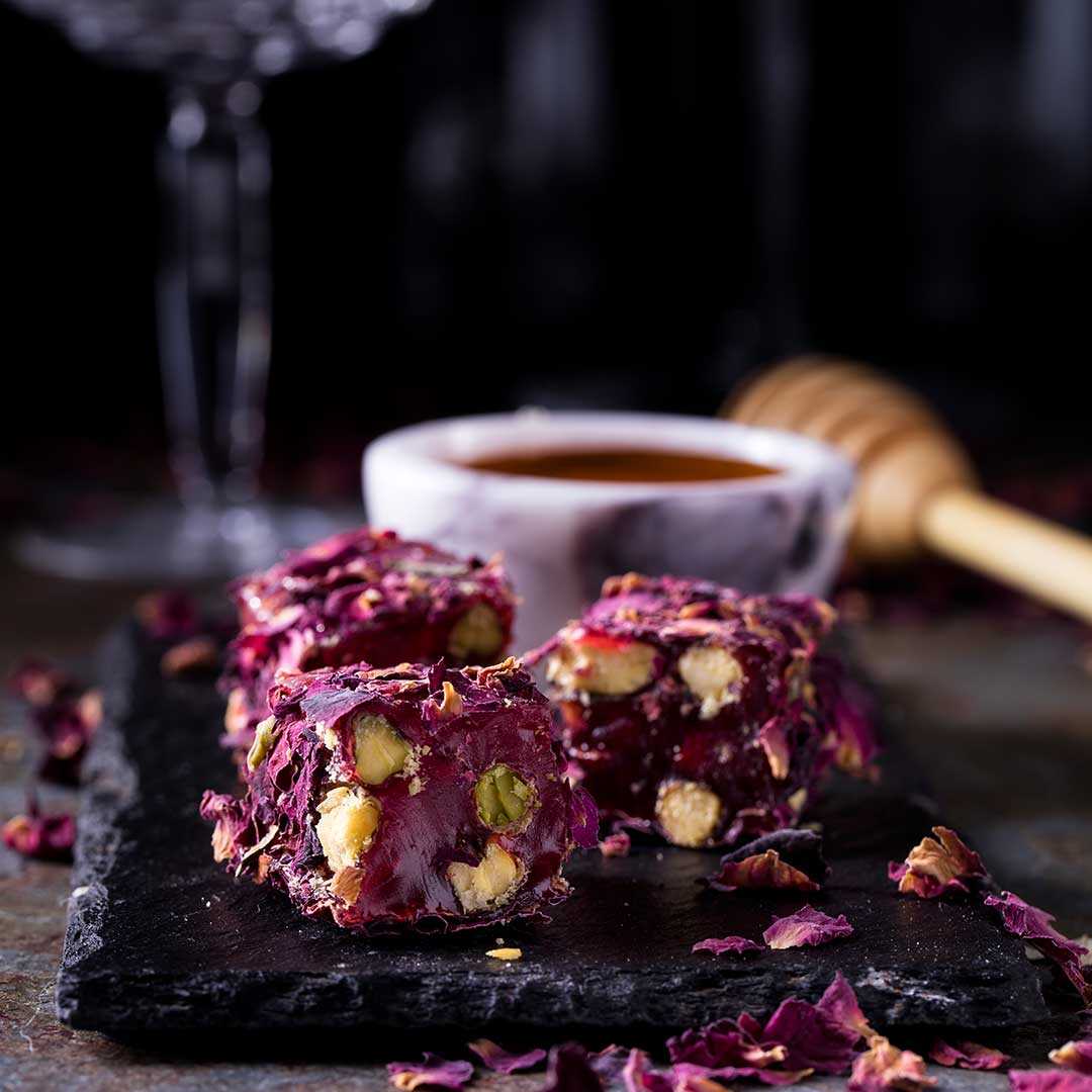 Pomegrenate flavored pistachio Rose Petals Covered Turkish Delight