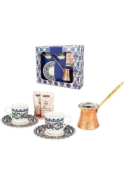 Luxury Turkish Coffee Cup Set with Saucers & Copper Cezve