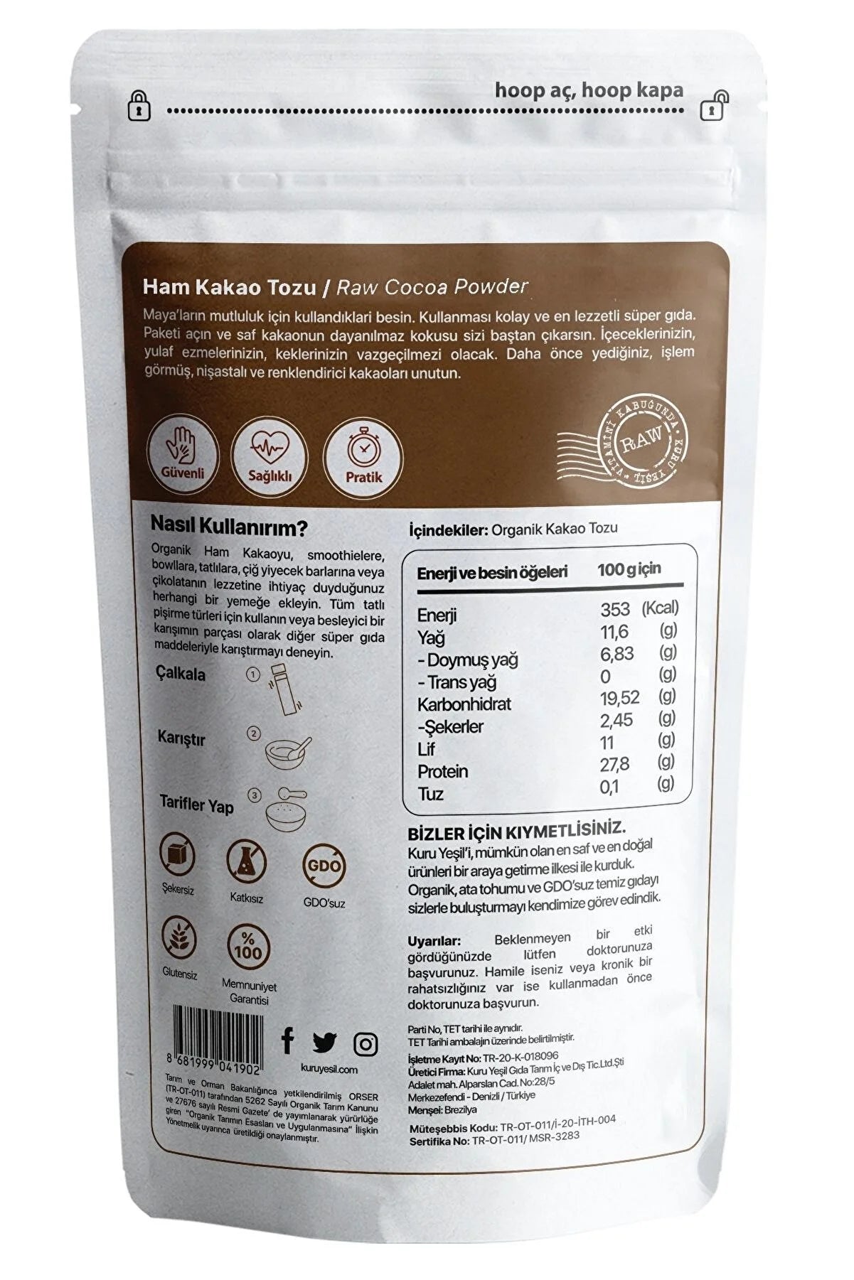 Organic Raw Cacao Powder Gluten-free 150 gr| Kuru Yesil