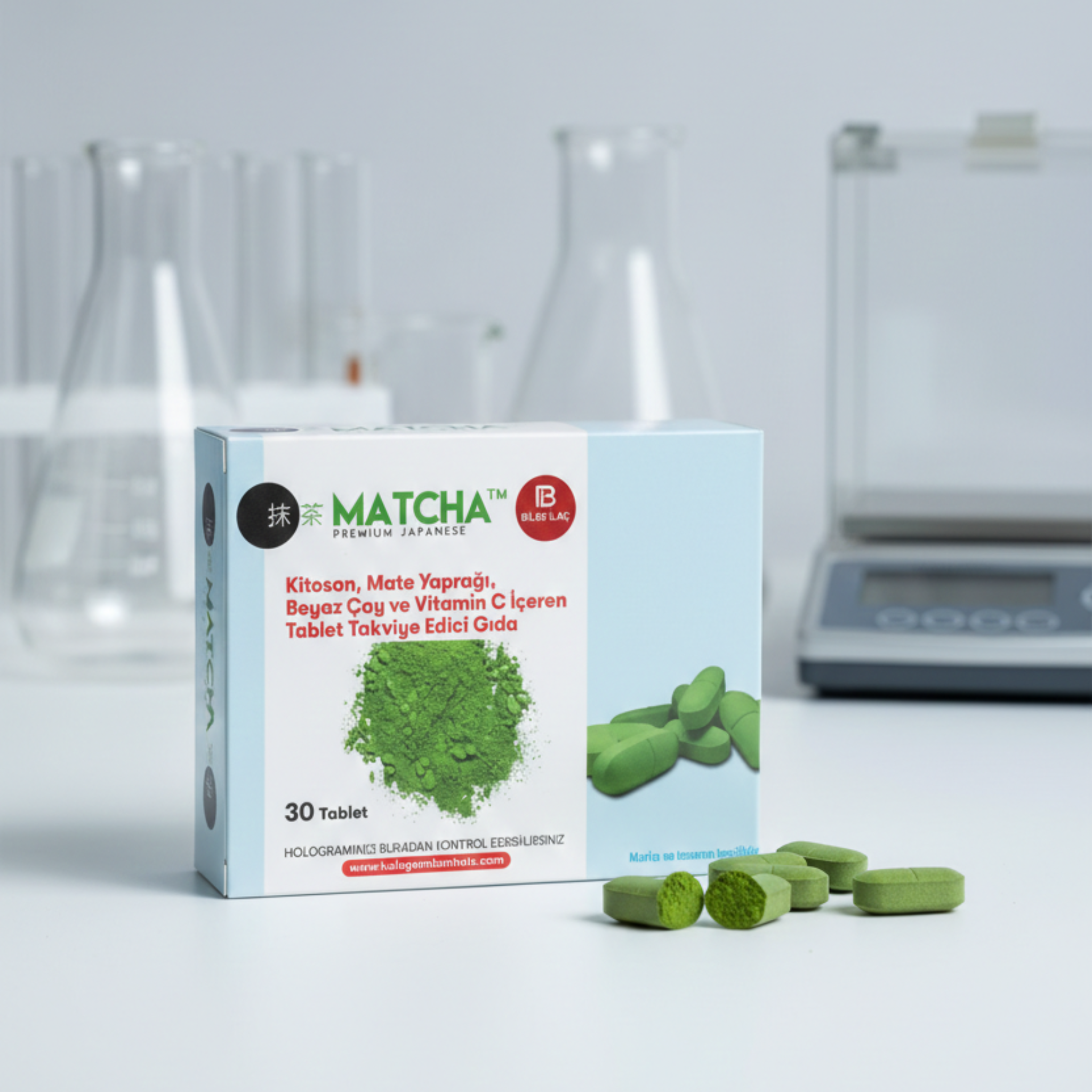 Bilge İlaç Matcha Premium capsule detail — shade-grown Japanese green tea supplement Turkey