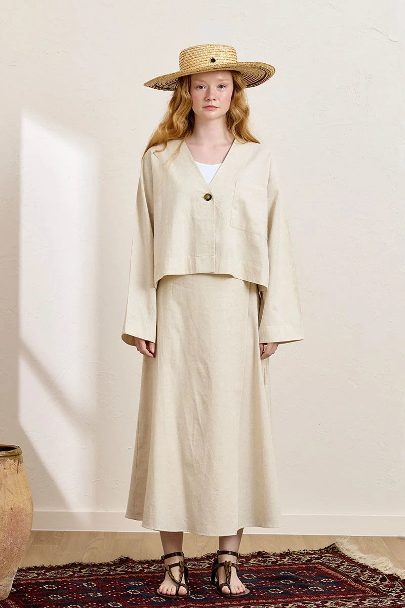 Linen Single-Pocket Jacket & Wrap Skirt Set
