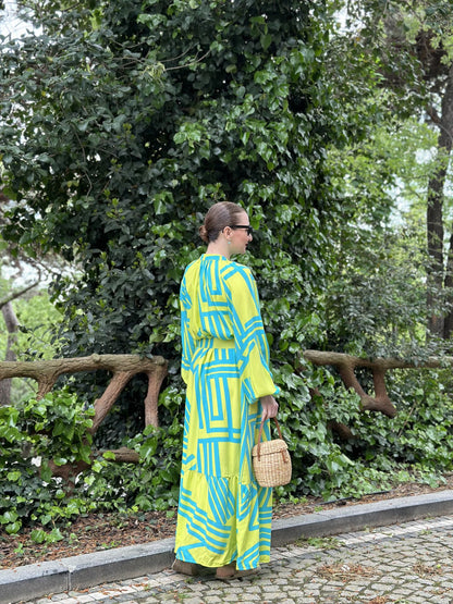 Turquoise-yellow stripe pattern BELT dress