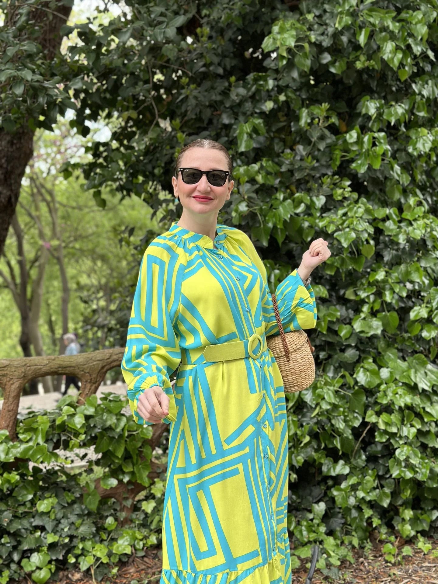 Turquoise-yellow stripe pattern BELT dress
