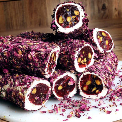 Turkish Delight Wrapped with Rose Leaf and Pistachio