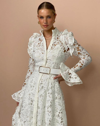 Long Sleeve White Lace Midi Dress